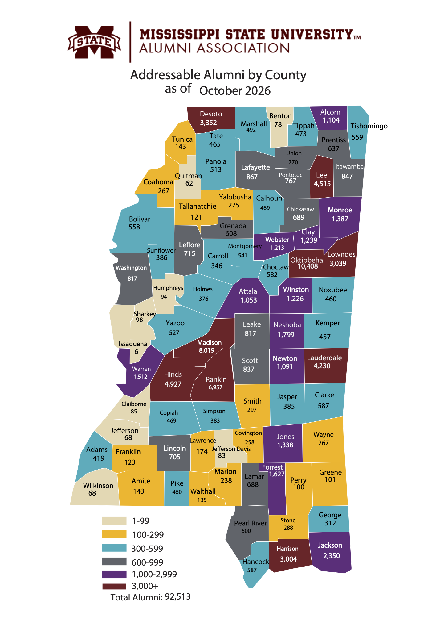 Addressable Alumni by Mississippi County in October 2026