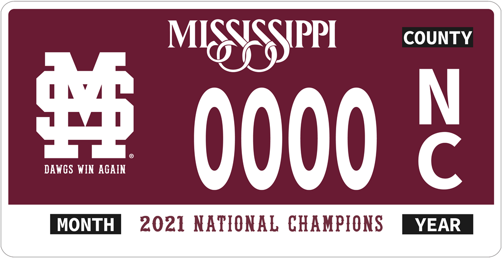 Image of Mississippi license plate with MSU 2021 National Champions branding. Background is maroon, lettering is white, with horizontal white strip at bottom with "2021 National Champions" in maroon