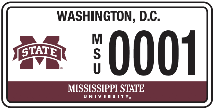 Image of Washington DC license plate with MSU branding. White background, black lettering, horizontal maroon stripe at bottom with white "Mississippi State University" text, and maroon MSU logo at left