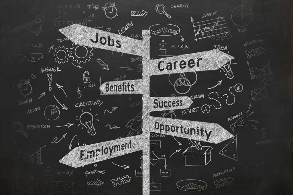 Picture of a chalkboard drawing of a signpost with arrows pointing in different directions. They say, "Jobs. Career. Benefits. Success. Opportunity. Employment." In the background are diagrams and other random pictures.