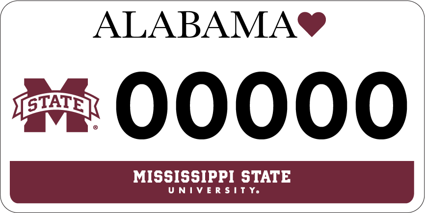 Image of Alabama license plate with MSU branding. White background, black lettering, horizontal maroon stripe at bottom with white "Mississippi State University" text, and maroon MSU logo at left