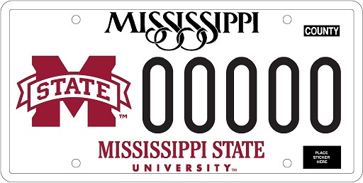 Image of Mississippi license plate with MSU branding. Background is white, main text is black, MSU logo at left is maroon, and MSU name at bottom is maroon
