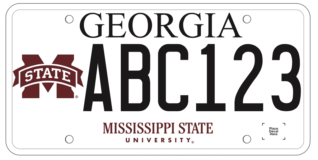 Image of Georgia license plate with MSU branding. White background, black lettering, maroon "Mississippi State University" at bottom, and maroon MSU logo at left