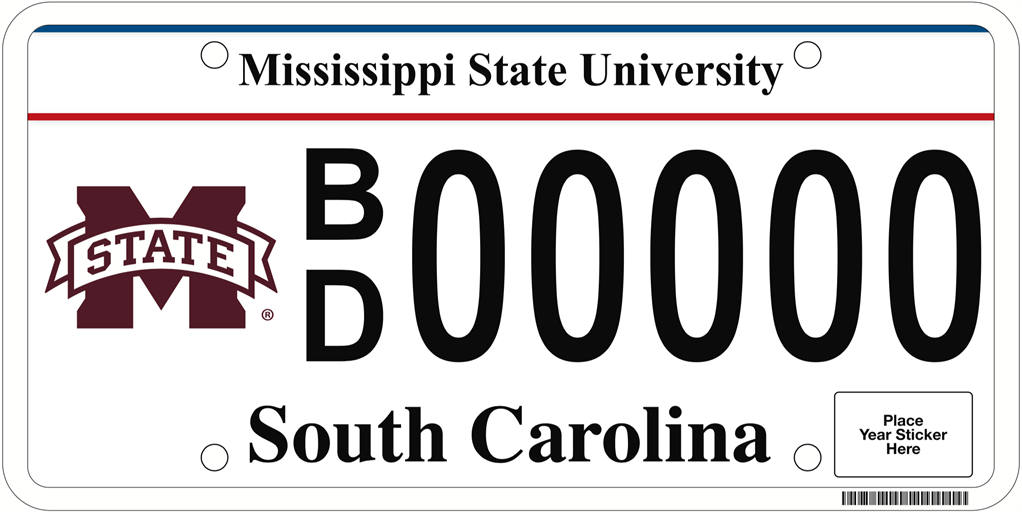 Image of South Carolina license plate with MSU branding. White background, black lettering, single blue stripe at top, single red stripe slightly under it, "Mississippi State University" between the stripes, and maroon MSU logo on the left
