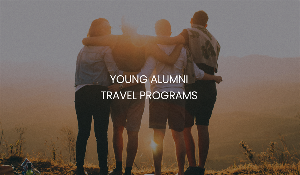Picture of 4 people with "Young Alumni Travel Programs" written on top