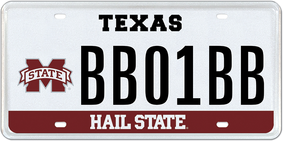 Image of Texas license plate with MSU branding. White background, black lettering, horizontal maroon stripe along bottom with white "HAIL STATE" text, and maroon MSU logo at left