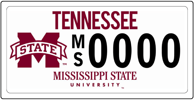 Image of Tennessee license plate with MSU branding. White background, black lettering, maroon "Tennessee" at top, maroon "Mississippi State University" at bottom, and maroon MSU logo at left